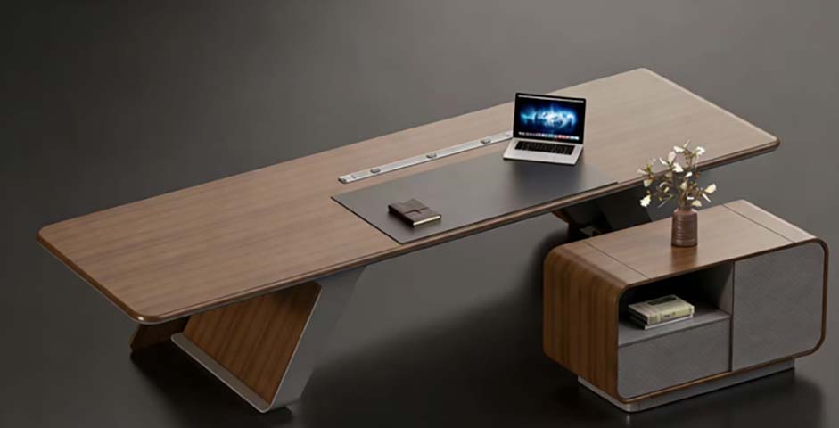 Curved Edge Executive Office Desk with Attached Side Storage Cabinet