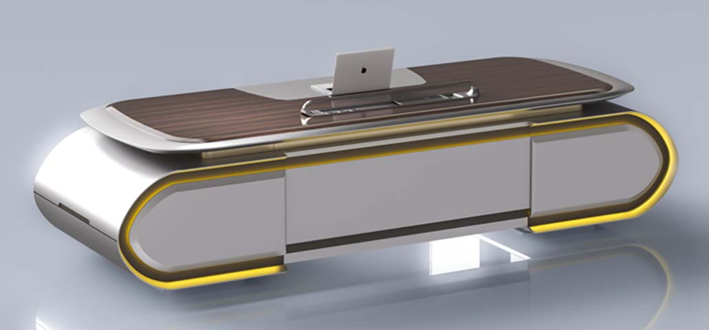 Futuristic Curved Executive Desk with Integrated Storage and Ambient Lighting