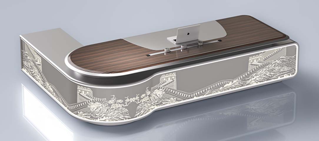 L-Shaped Executive Desk with Relief Art Side Panel and Integrated Cable Management