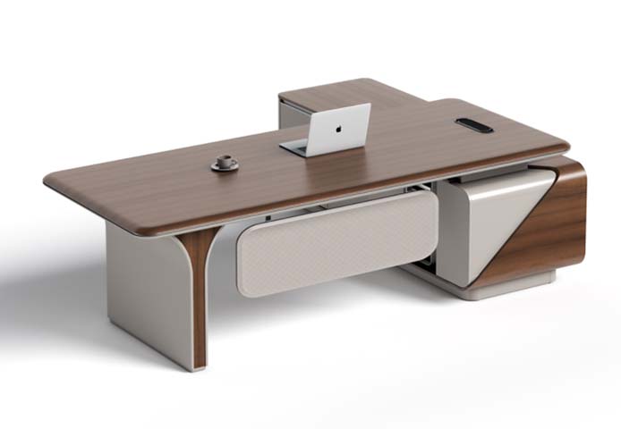 Walnut and Taupe L-Shaped Executive Desk with Cable Management and Storage Panels