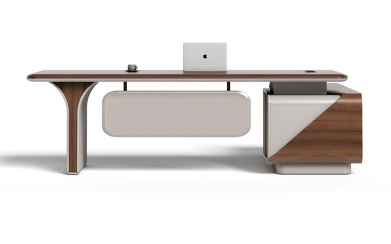 Walnut and Beige Executive Office Desk with Right Storage Pedestal