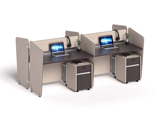 Two-Person Modular Call Center Workstation with Privacy Panels and Mobile Pedestals