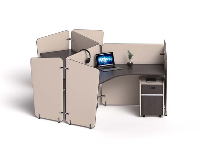 Four-Person Radial Modular Workstation with Privacy Screens and Mobile Pedestal