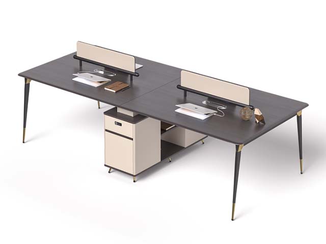 Four-Person Face-to-Face Office Workstation with Central Screens and Storage Pedestal