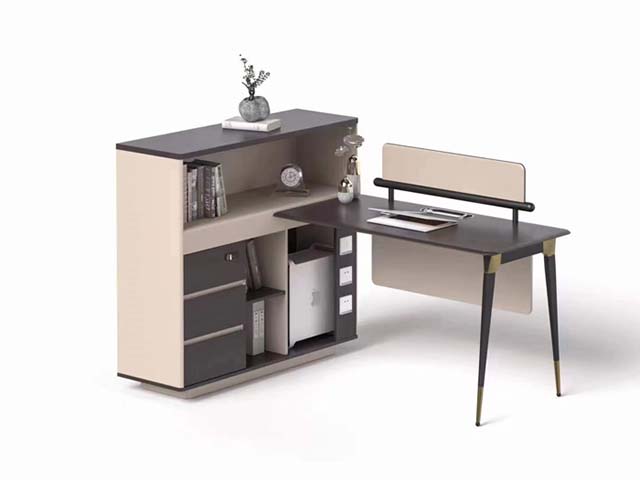 L-Shaped Workstation with Integrated Storage Hutch and Privacy Screen