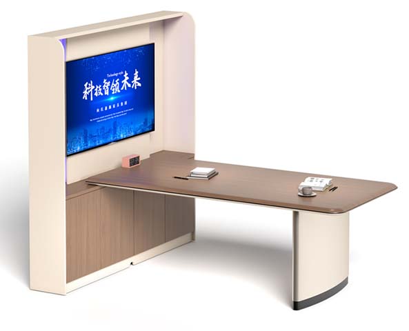Smart Broadcasting Desk with Integrated Display Wall and Storage Cabinet