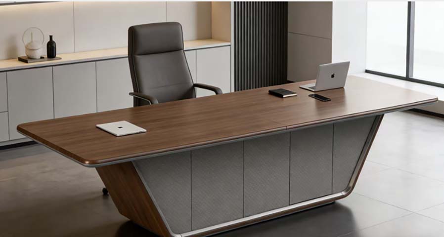 Walnut Veneer Executive Desk with Angled Modesty Panel