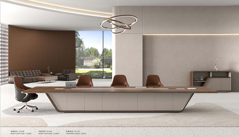 Large Boardroom Conference Table with Integrated Cable Management and Four Executive Chairs