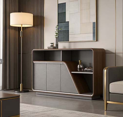 Contemporary Walnut and Gray Sideboard with Open Display Shelves