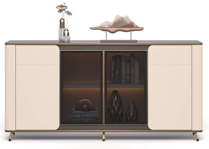 Contemporary Beige Sideboard with Smoked Glass Display Doors and LED Lighting