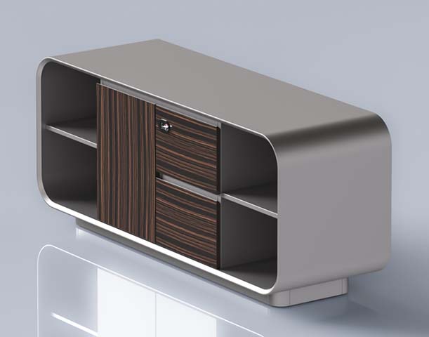 Rounded Low Storage Cabinet with Open Shelves and Drawers