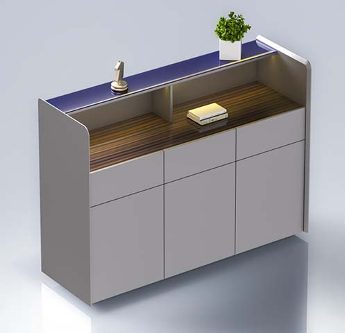 Modern Low Storage Cabinet with Open Display Shelf and Six Handle-Less Front Panels