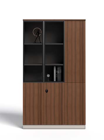Walnut-finish 3-door office file cabinet with glass upper section