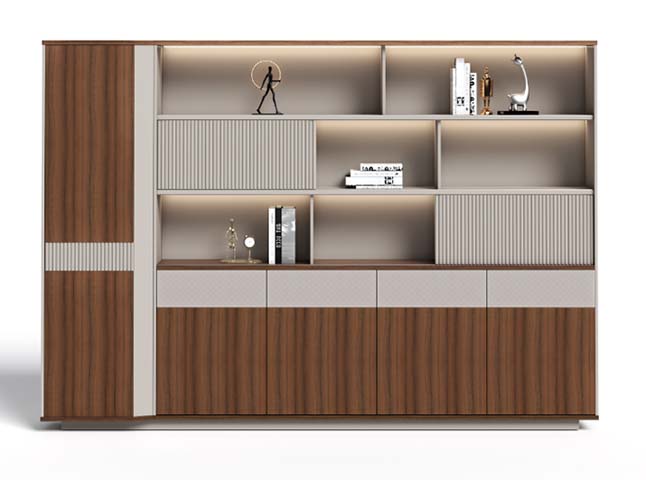 Modern Two-Tone Storage Cabinet with Open Display Shelves and LED Lighting