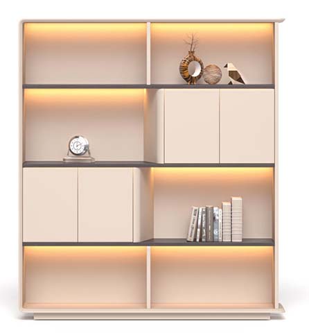 Modern LED-Lit Freestanding Display Cabinet with Mixed Open Shelves and Closed Doors