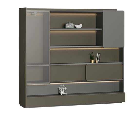 Modern Matte Dark Gray Display Storage Cabinet with Glass Door and LED Lighting