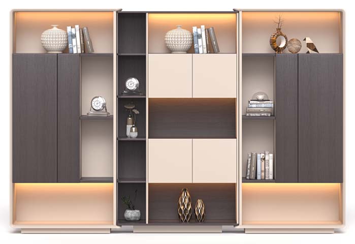 Modular Illuminated Storage Bookcase with Open Shelves and Doors