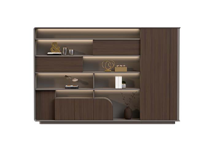 Walnut-Veneer Illuminated Modular Storage Display Cabinet