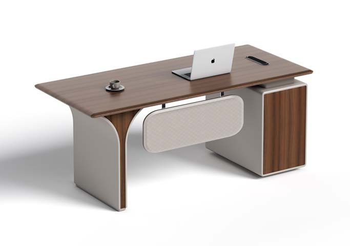 Walnut Veneer Executive Desk with Right Storage Pedestal and Upholstered Modesty Panel