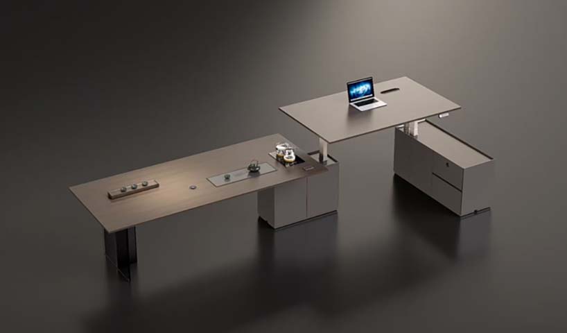 L-Shaped Height-Adjustable Executive Desk with Integrated Storage and Tea Station