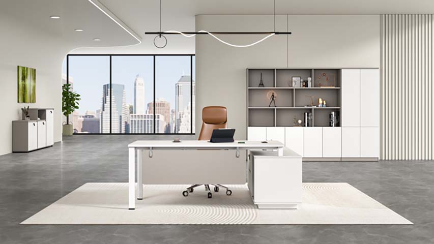 White L-Shaped Executive Desk with Right Storage Pedestal