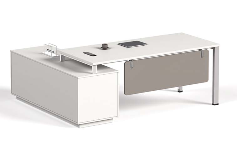 L-Shaped Executive Desk with Left Storage Credenza and Cable Management