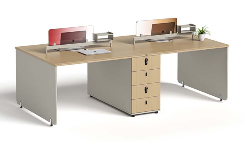 Four-Person Panel-Based Open Office Workstation with Central Drawer Pedestal and Desktop Screens
