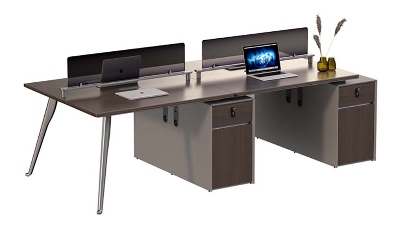 Four-Person Bench Workstation with Central Dividers, Pedestals and Cable Management