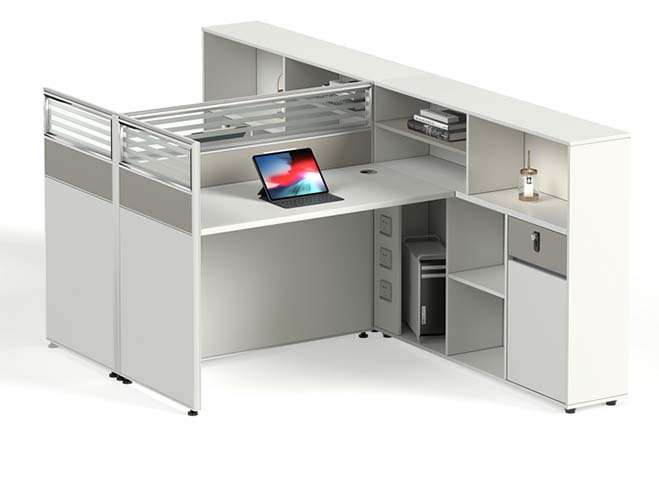 L-Shaped Panel-Reception Workstation with Storage Hutch and Privacy Screens