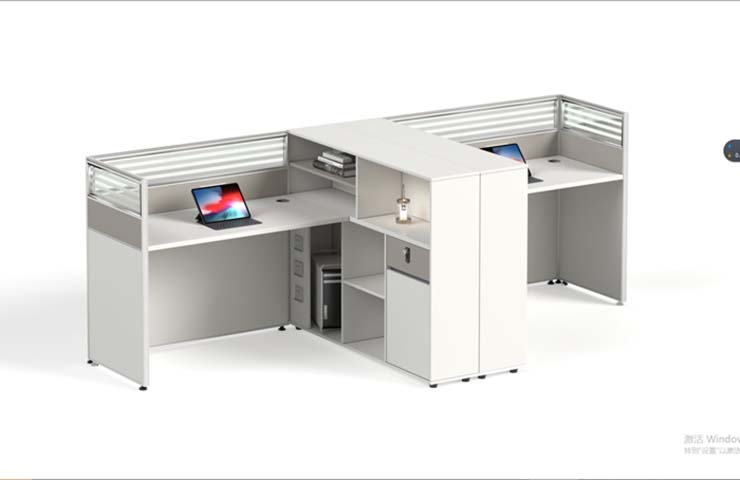 Two-Person F-Shaped Panel Workstation with Central Storage and Privacy Screens