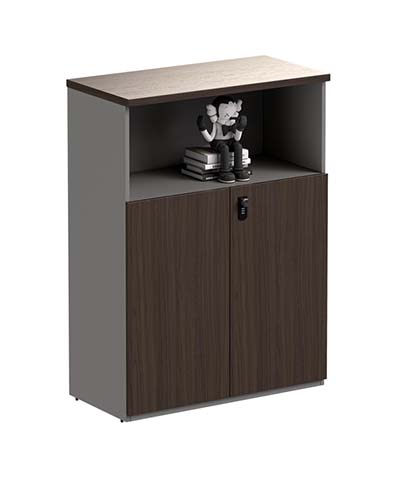 Dark Wood-Grain Low Storage Cabinet with Open Display Shelf and Locked Double Doors