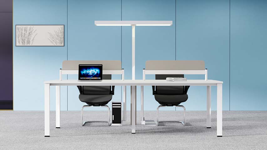 Two-Person Shared Workstation with Central Light Beam and Privacy Screens