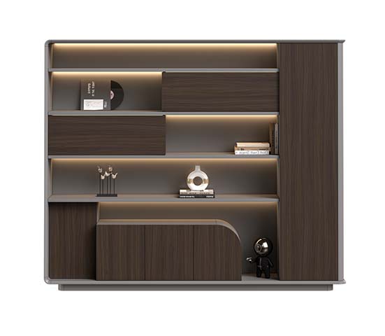 Contemporary illuminated open display storage cabinet with sliding doors
