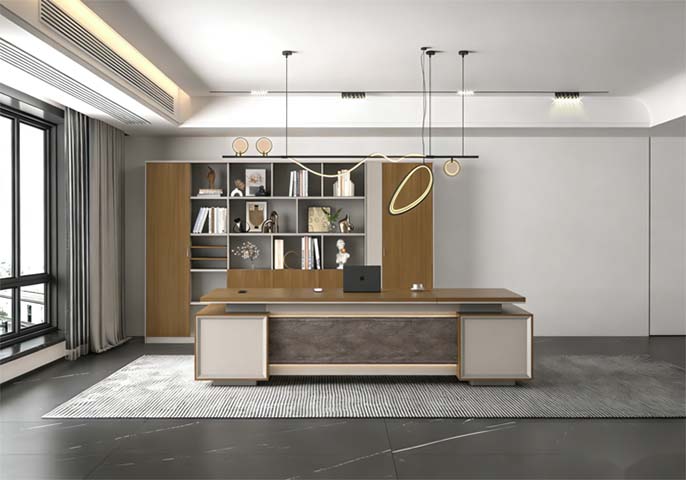 Wood Veneer Executive Desk with Dual Storage Pedestals and Back Wall Bookcase