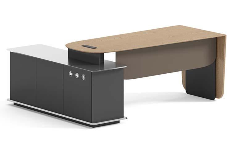L-Shaped Executive Desk with Full Side Storage Credenza and Cable Port