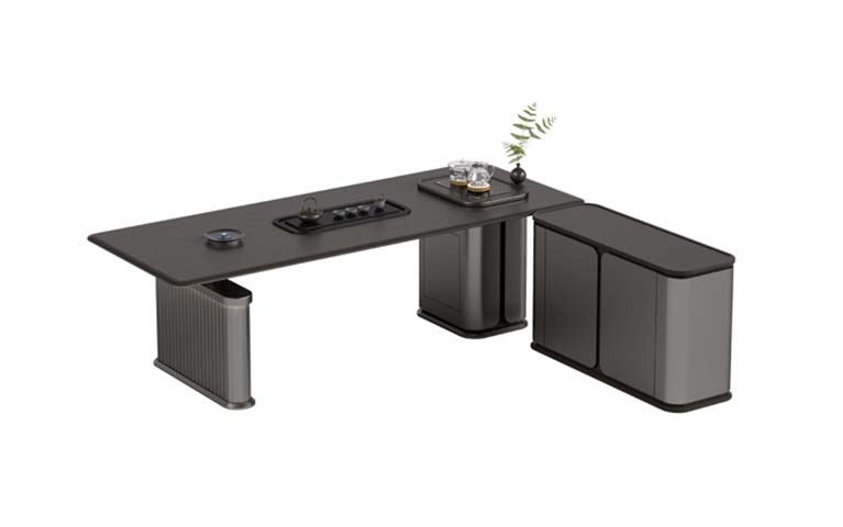 L-Shaped Executive Tea Desk with Integrated Tea Tray and Side Storage Cabinet