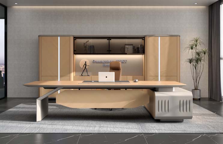 Large Executive Desk with Integrated Right Storage Cabinet and Wall Credenza