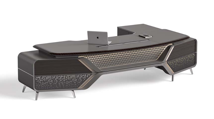 Dark Brown L-Shaped Executive Desk with Integrated Storage Credenza