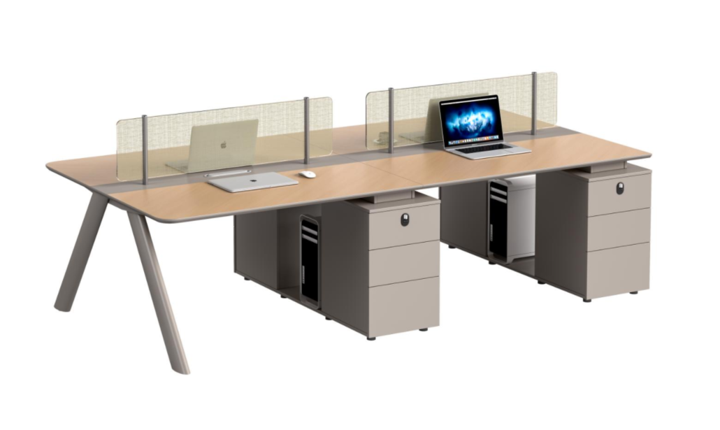 Four-Person Bench Workstation with Central Dividers and Mobile Pedestals