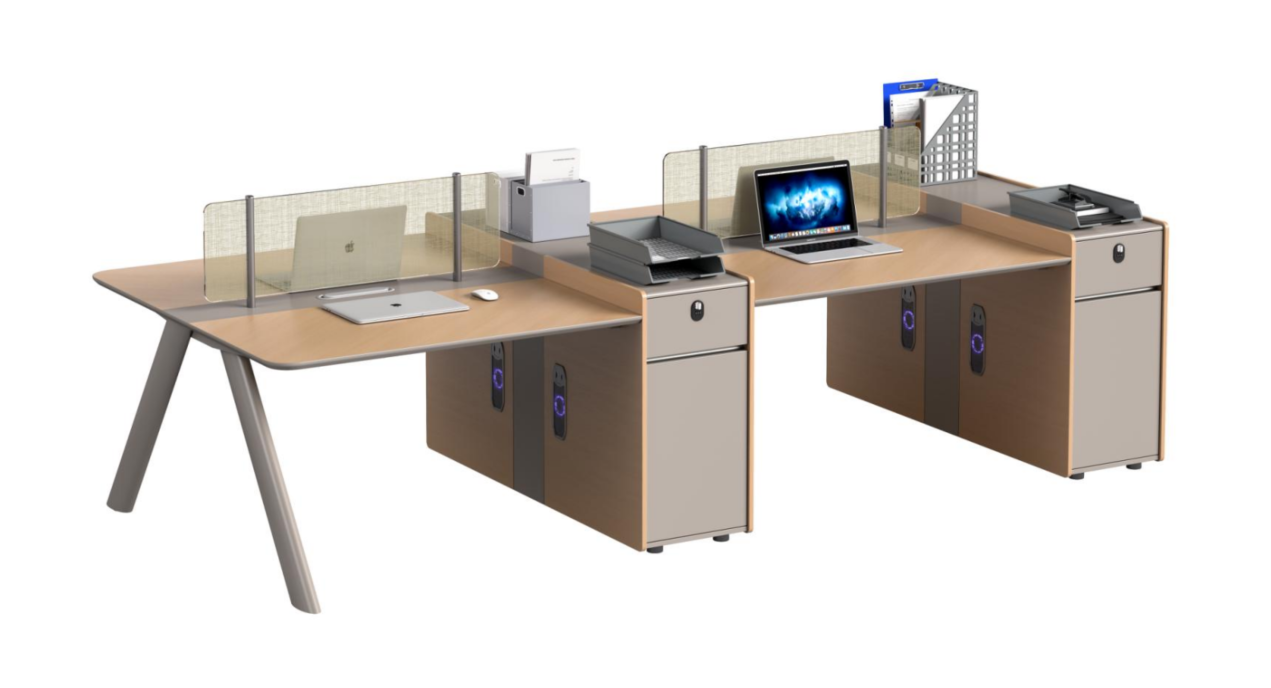 Four-Person Modular Workstation with Screens and Locking Pedestals