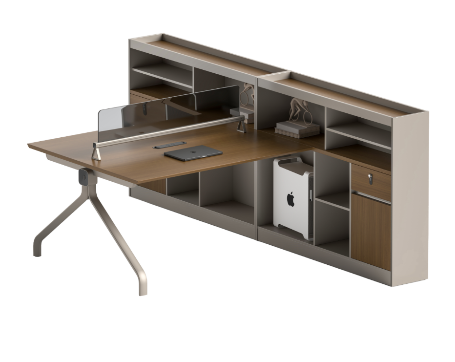 Two-Person Integrated Workstation with Central Storage Hutch and Privacy Divider
