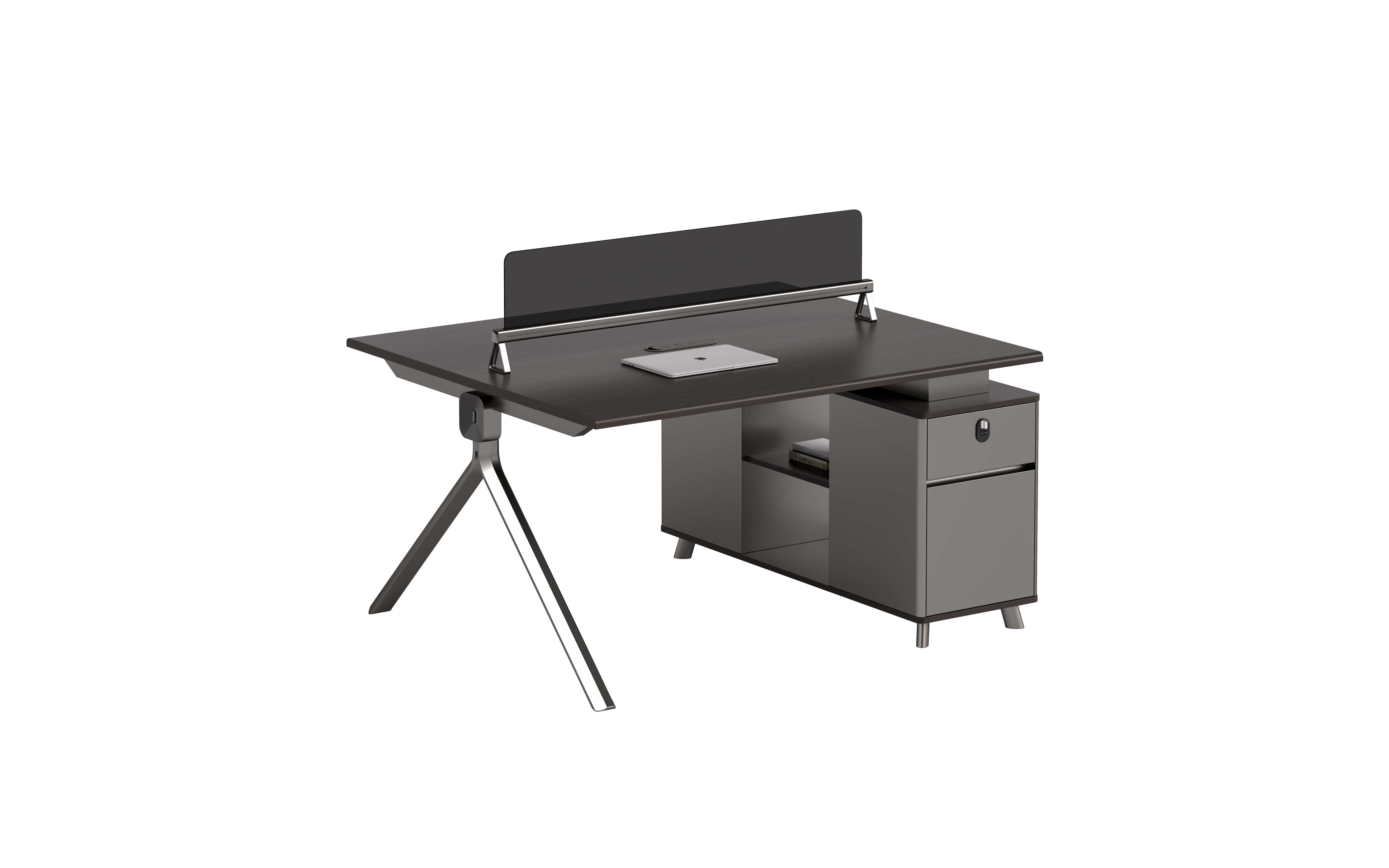Single-Sided Workstation Desk with Dark Divider Screen and Right Storage Pedestal