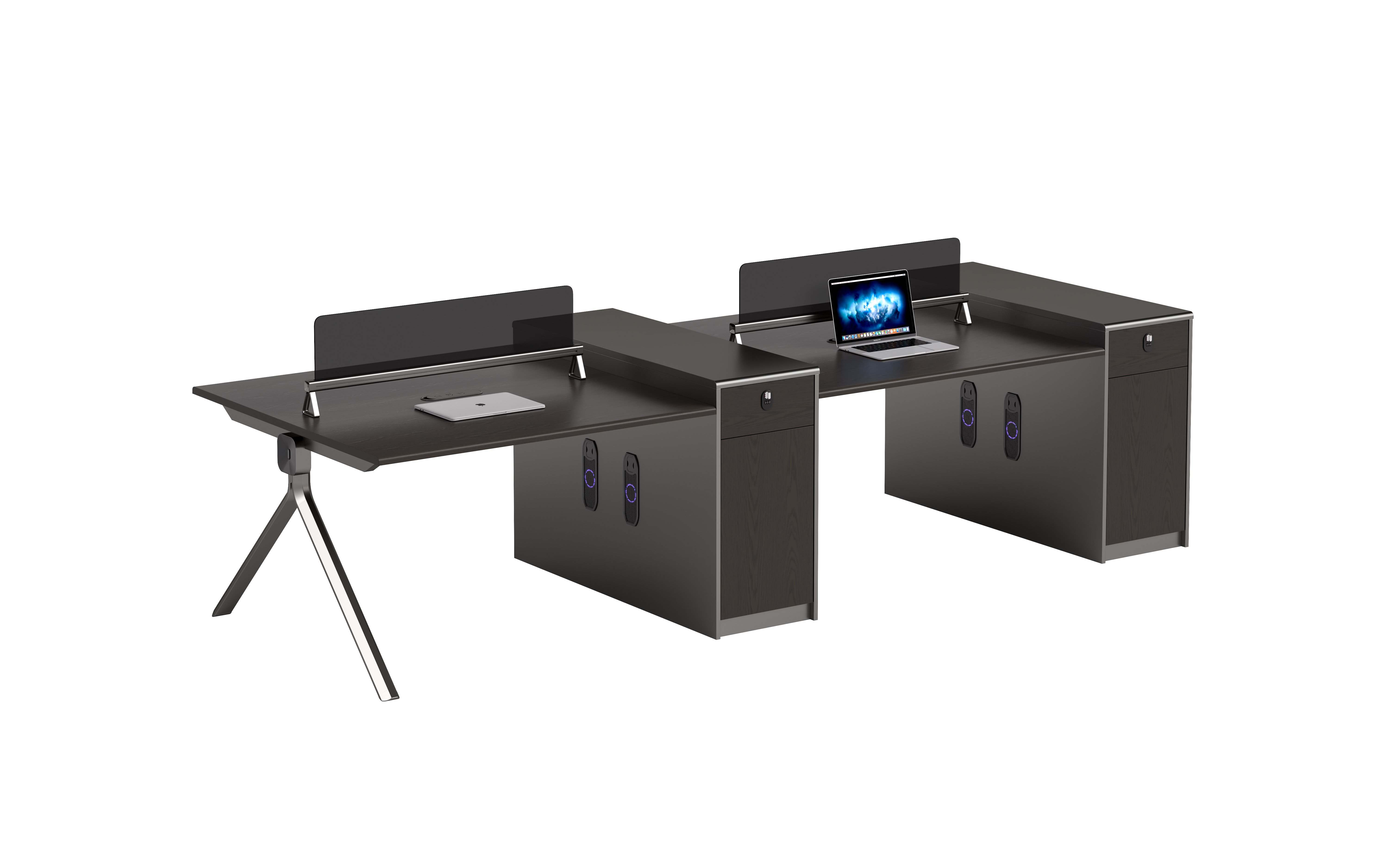 Two-Person Dark Wood Workstation with Privacy Screens and Pedestals