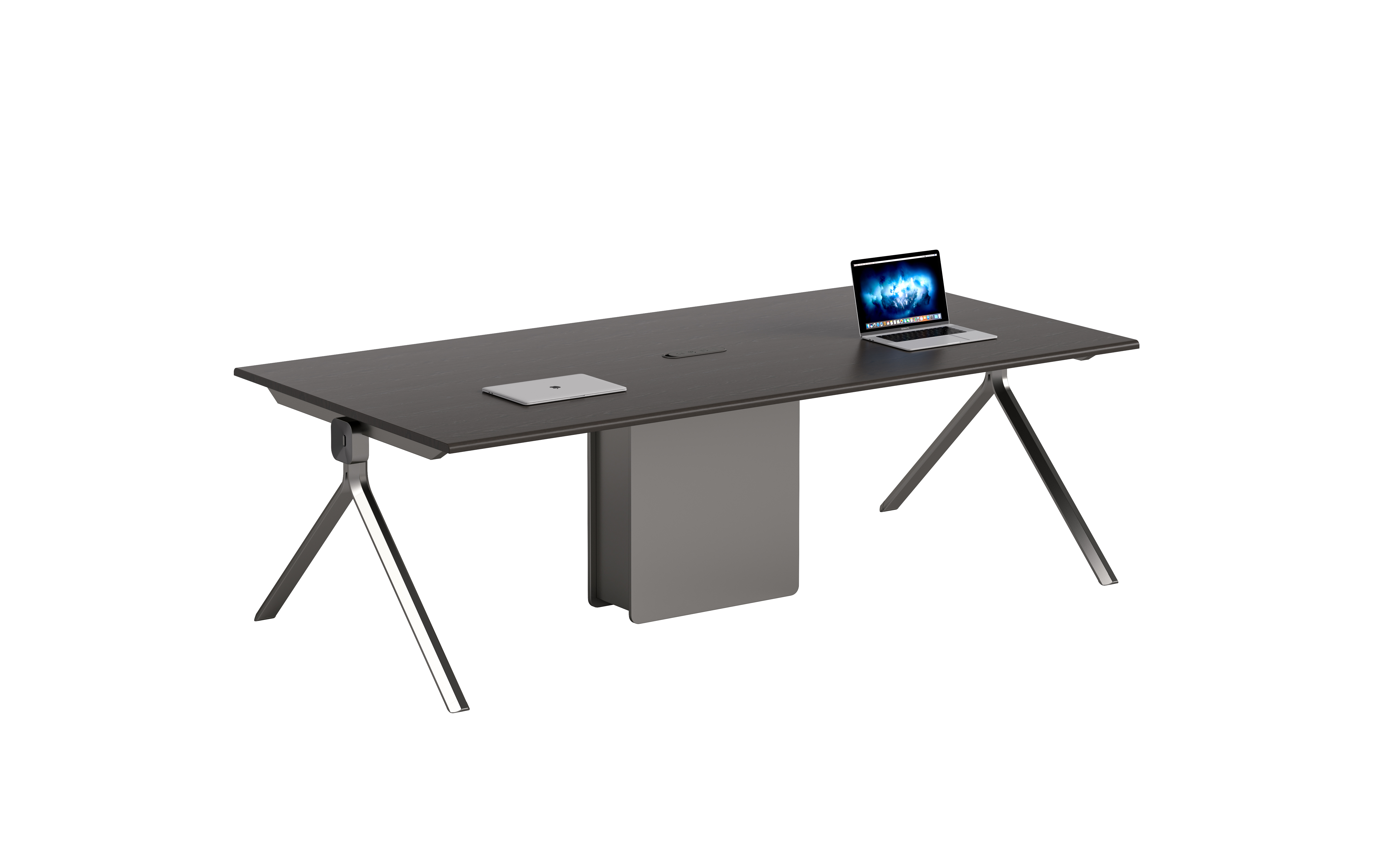 Dark Wood-Laminate Conference Table with Central Modesty Panel and Y-Shaped Metal Legs
