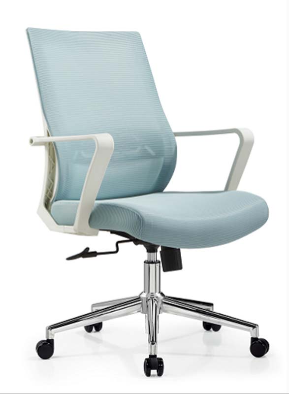 Mid-Back Light Blue Mesh Swivel Task Chair with White Fixed Arms