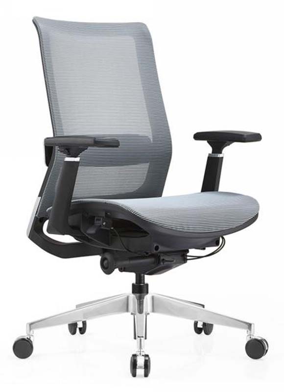 Mid-Back Gray Mesh Swivel Task Chair with Fixed Arms and Polished Aluminum Base
