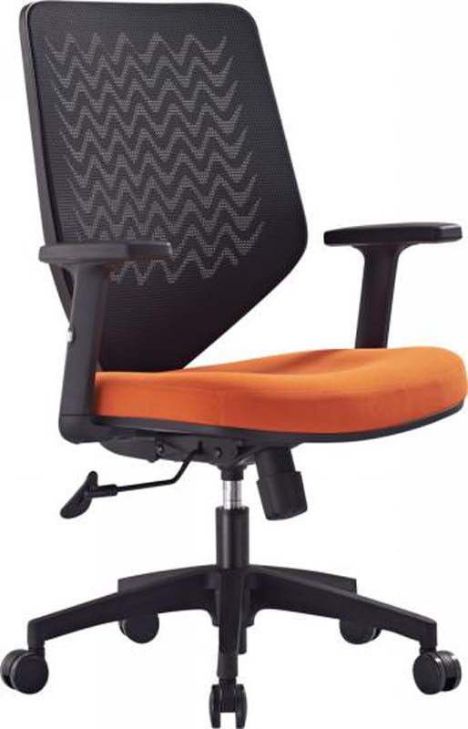 Mesh Back Swivel Task Chair with Orange Fabric Seat and Fixed Arms