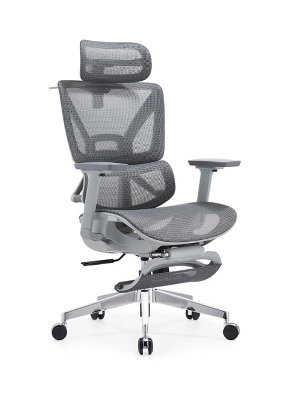 Gray Mesh Ergonomic Office Chair with Headrest and Footrest