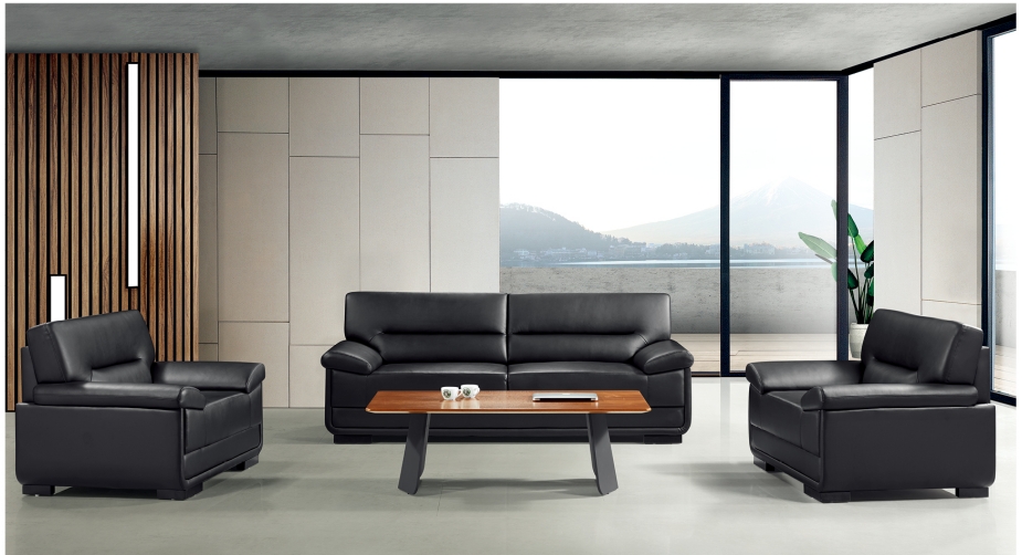 Black Leather Reception Sofa and Armchair Seating Set with Coffee Table