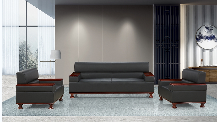 Black Faux Leather Office Reception Sofa Set with Wood Arm Caps